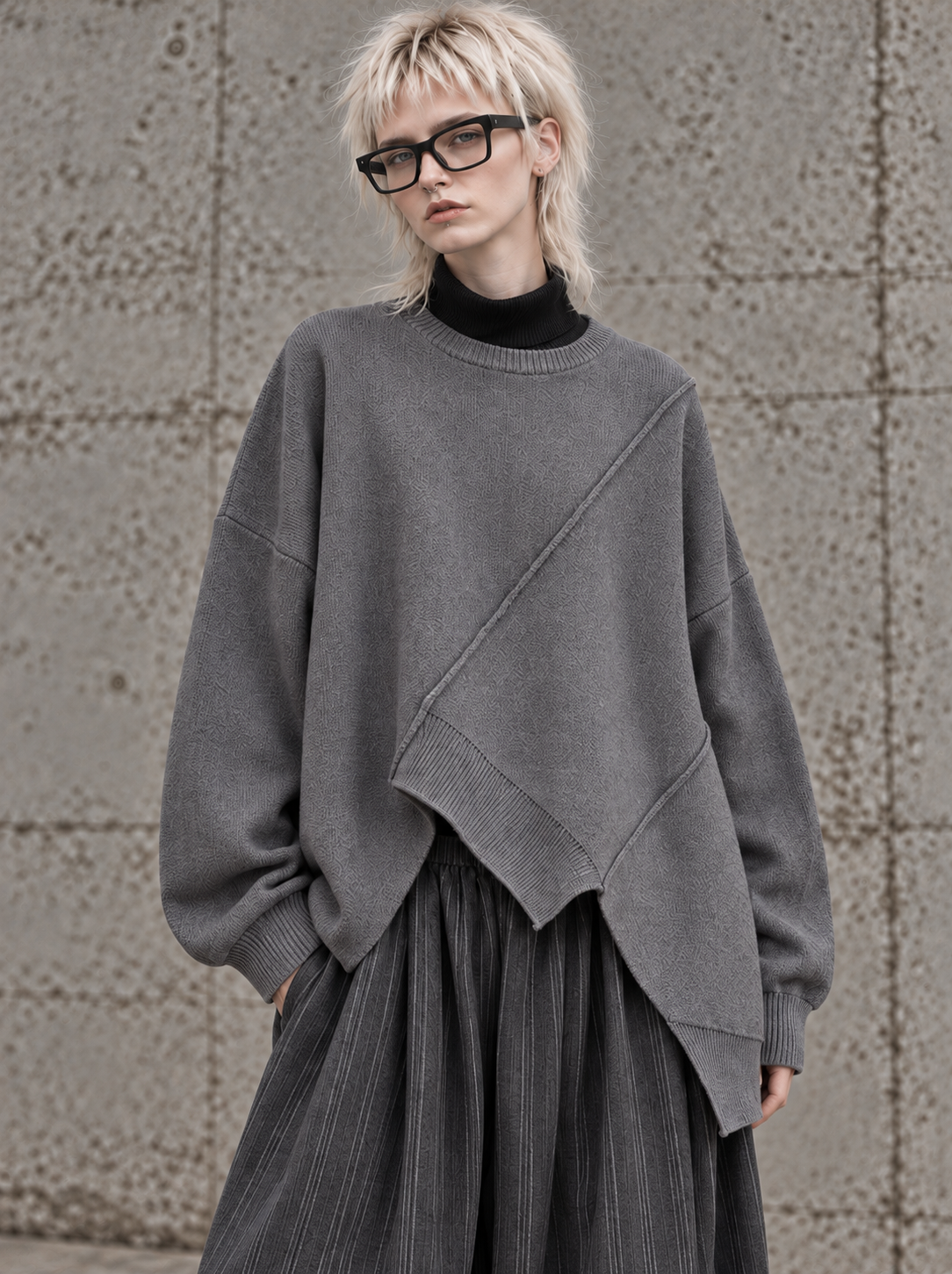 Grey Asymmetric Oversized Knitted Pullover-SimpleModerne