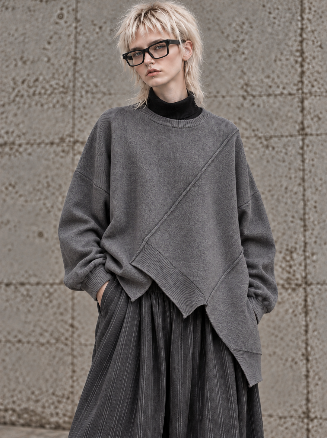 Grey Asymmetric Oversized Knitted Pullover-SimpleModerne
