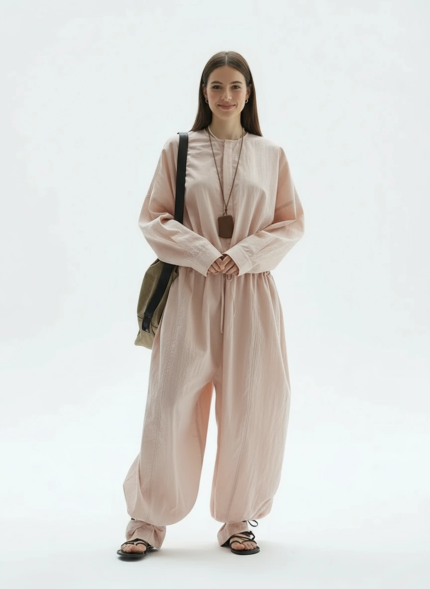 Industrial Wide-Leg Jumpsuit with Adjustable Waist — Blush Pink-SimpleModerne