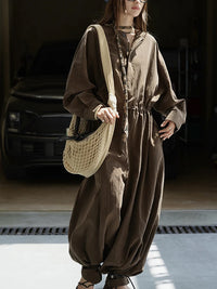 Industrial Wide-Leg Jumpsuit with Adjustable Waist - Coffee-SimpleModerne
