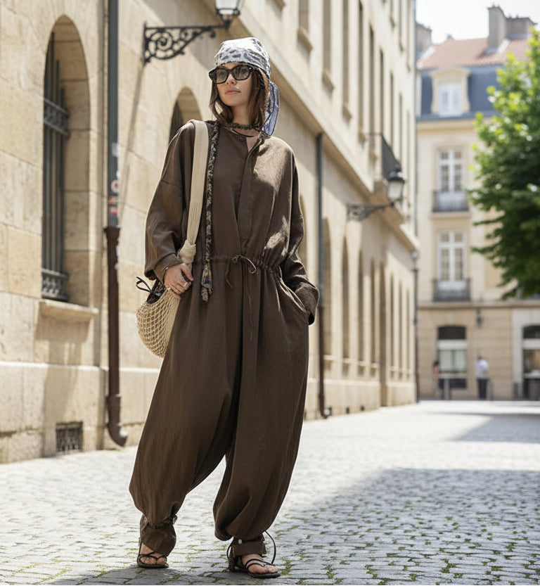 Industrial Wide-Leg Jumpsuit with Adjustable Waist - Coffee-SimpleModerne