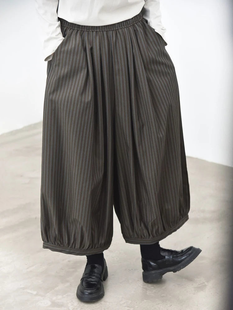 Japanese Style Balloon Trousers – Pinstripe Wide Leg Pants – Elastic Waist-SimpleModerne
