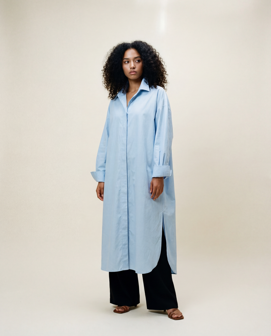 Jazz Up Oversized Fit Maxi Basic Blue Shirt Blouse-SimpleModerne