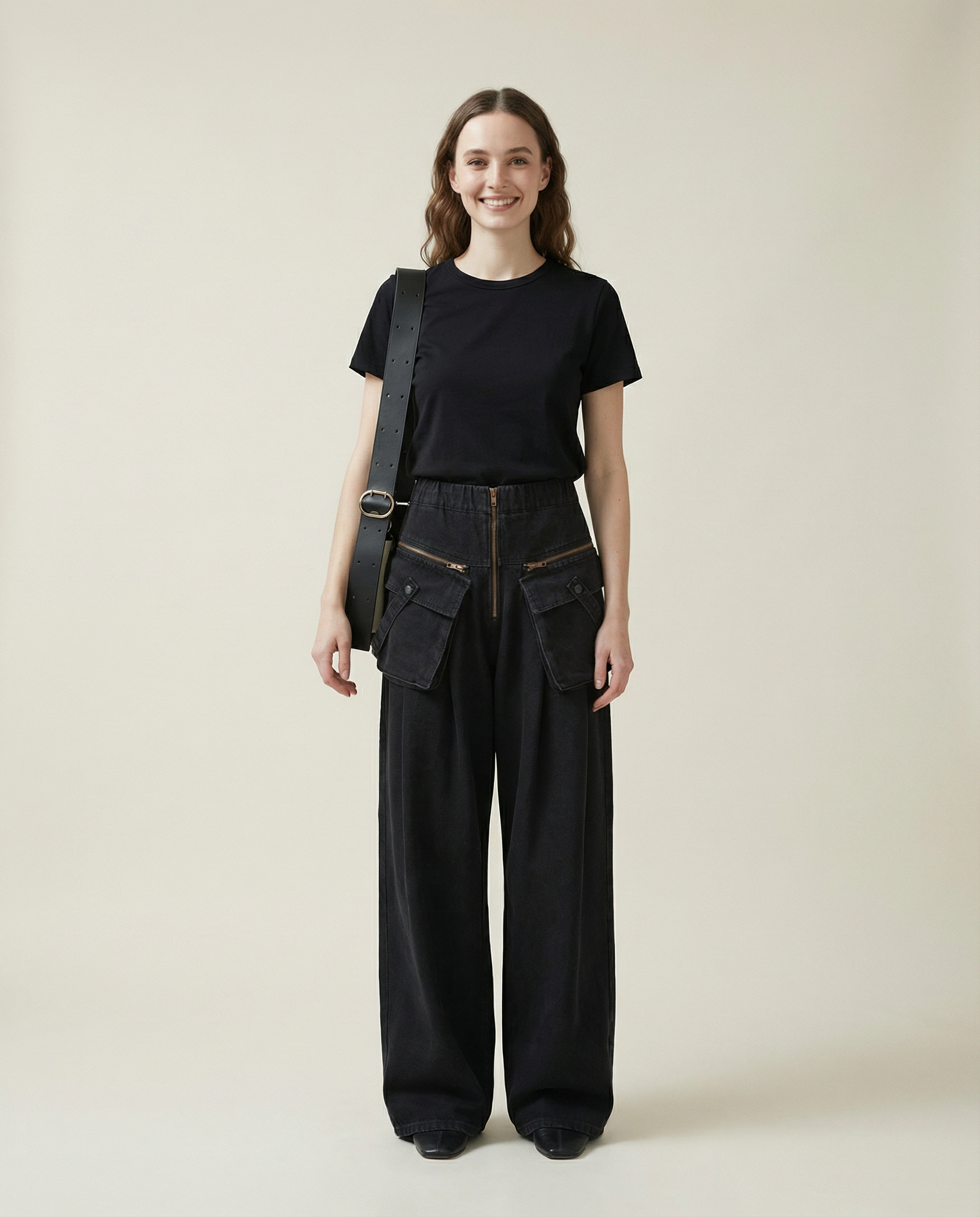 Maxi Pocket Dark Grey Wide-Leg Jeans with Vintage Zipper-SimpleModerne