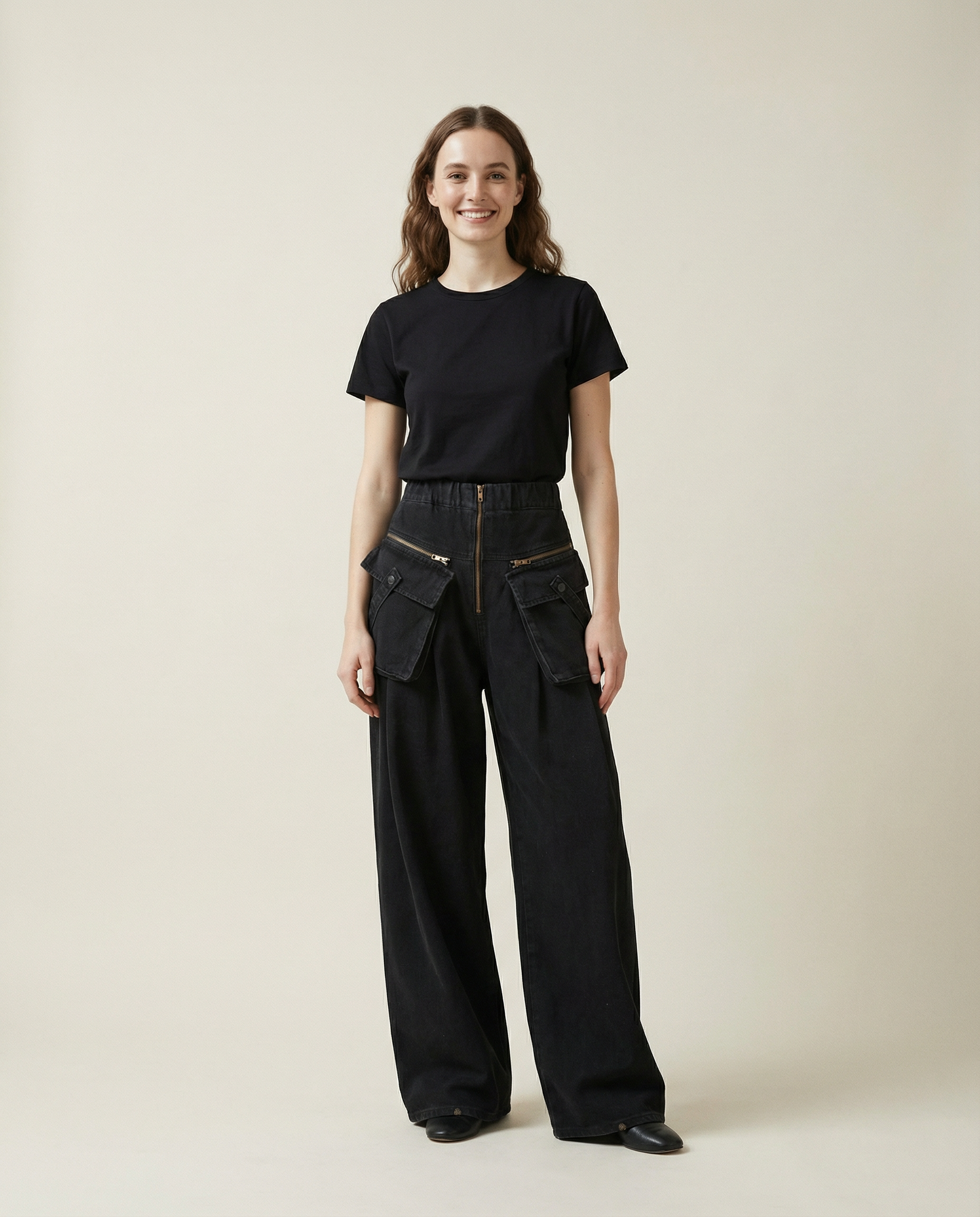 Maxi Pocket Dark Grey Wide-Leg Jeans with Vintage Zipper-SimpleModerne