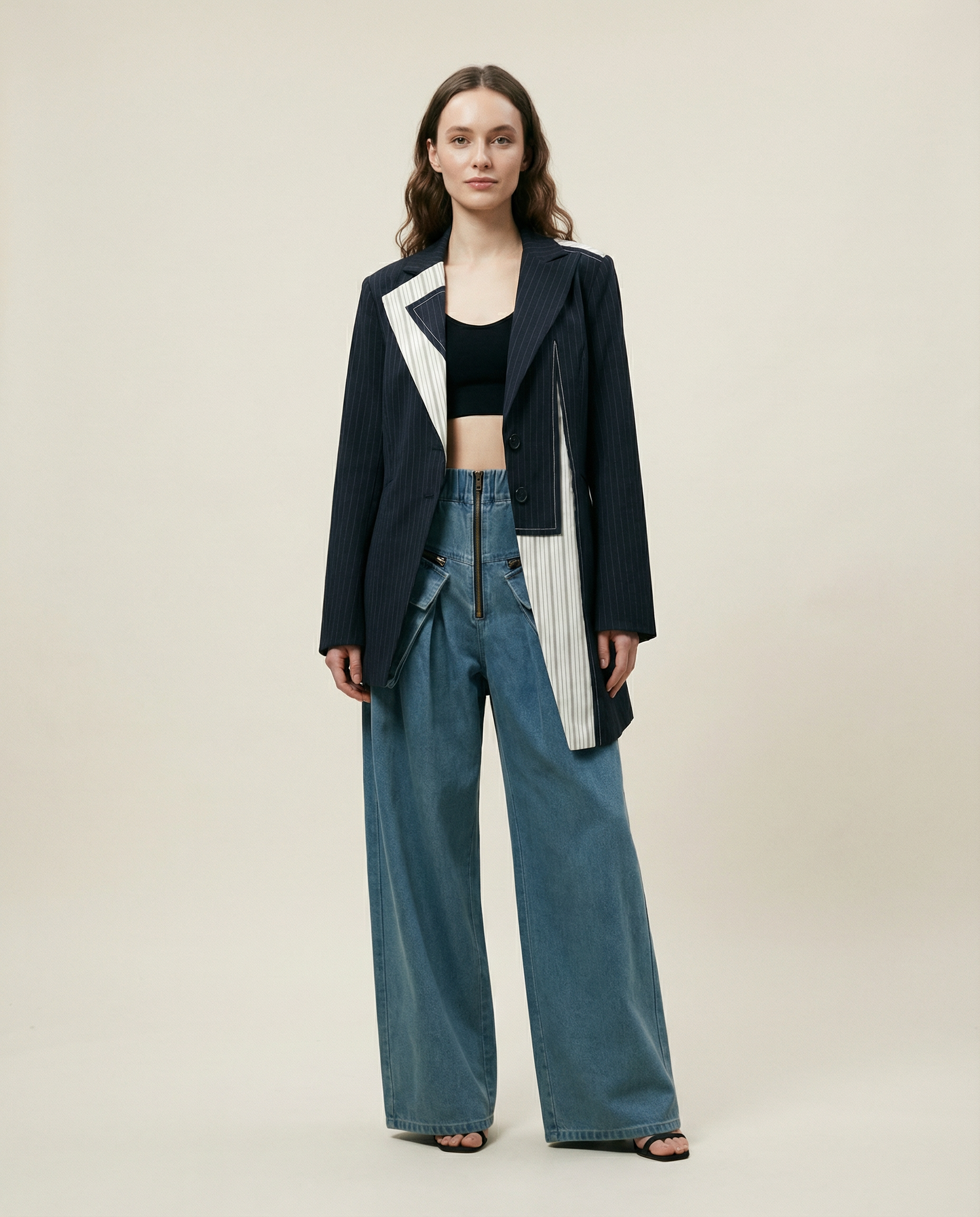 Asymmetrical Navy Blue Pinstripe Blazer with Contrast Panels-SimpleModerne