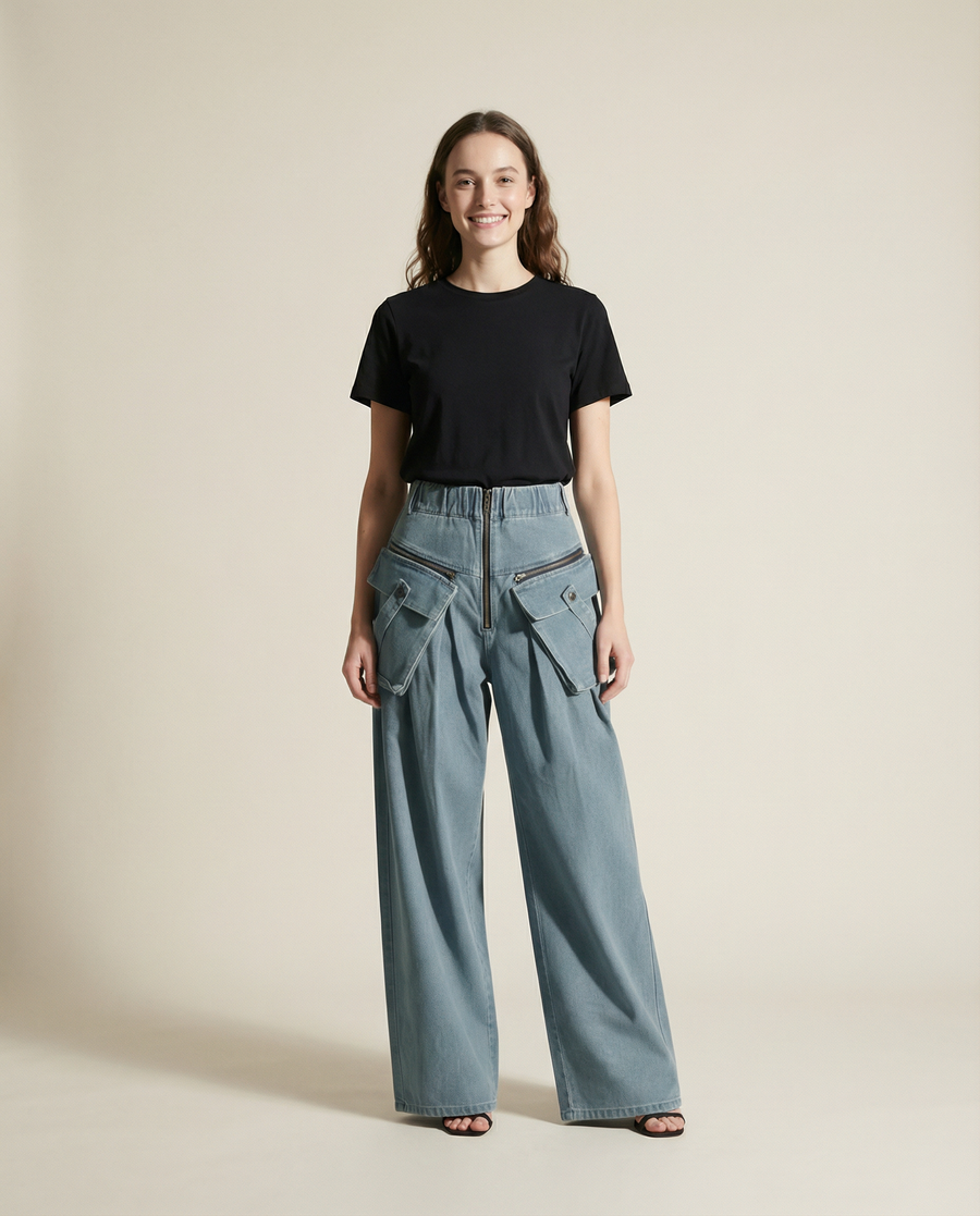 Vintage Wide-Leg Maxi Pocket Blue Jeans with Zipper Closure-SimpleModerne