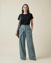 Vintage Wide-Leg Maxi Pocket Blue Jeans with Zipper Closure-SimpleModerne