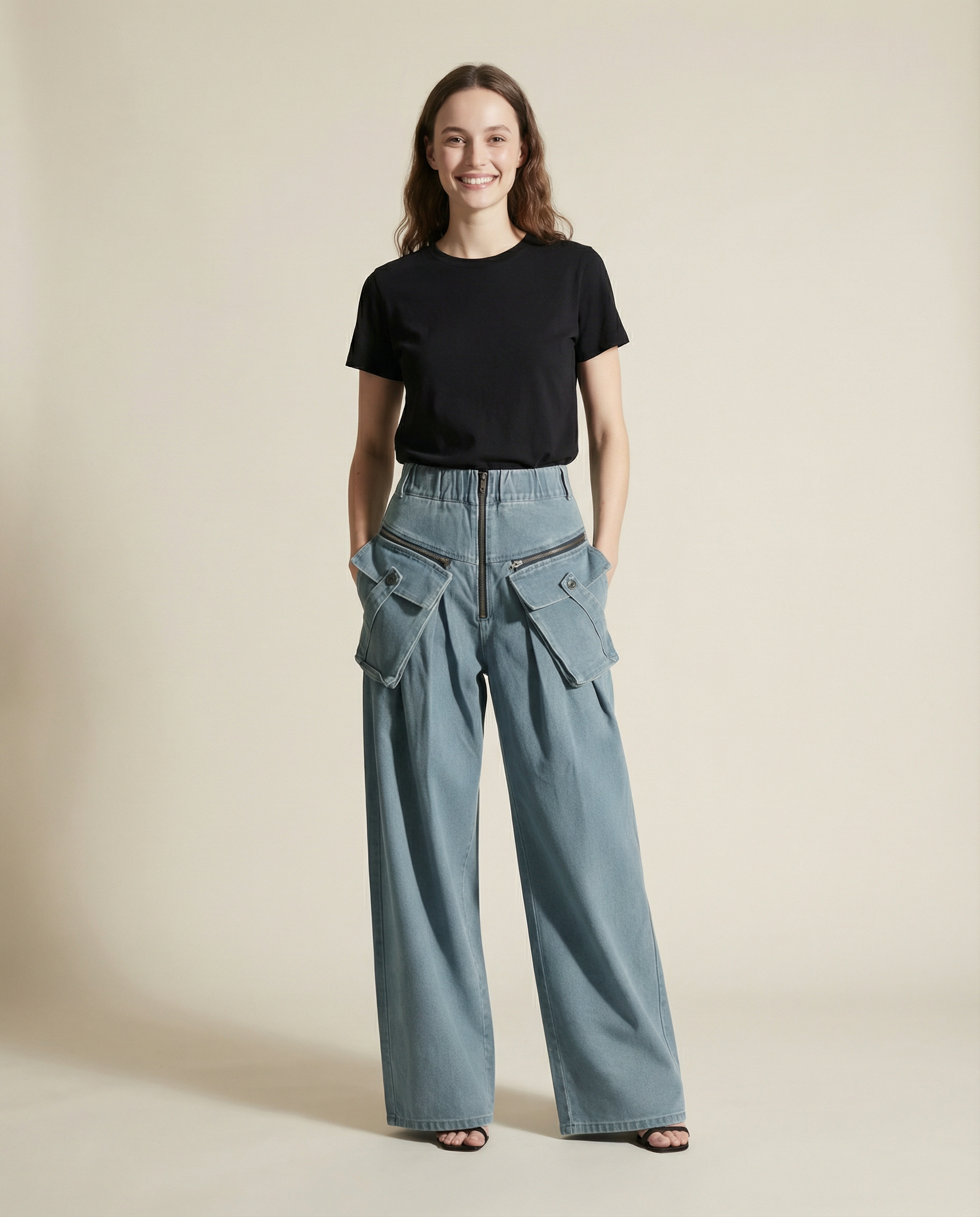 Vintage Wide-Leg Maxi Pocket Blue Jeans with Zipper Closure-SimpleModerne