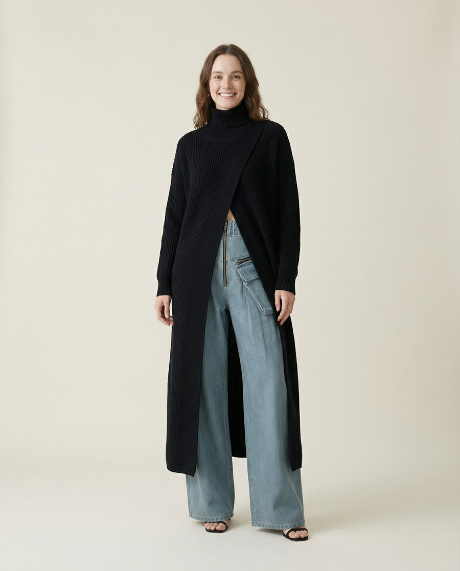Asymmetrical Split Turtleneck Pullover - Oversized Fit, Cozy Winter Essential-SimpleModerne