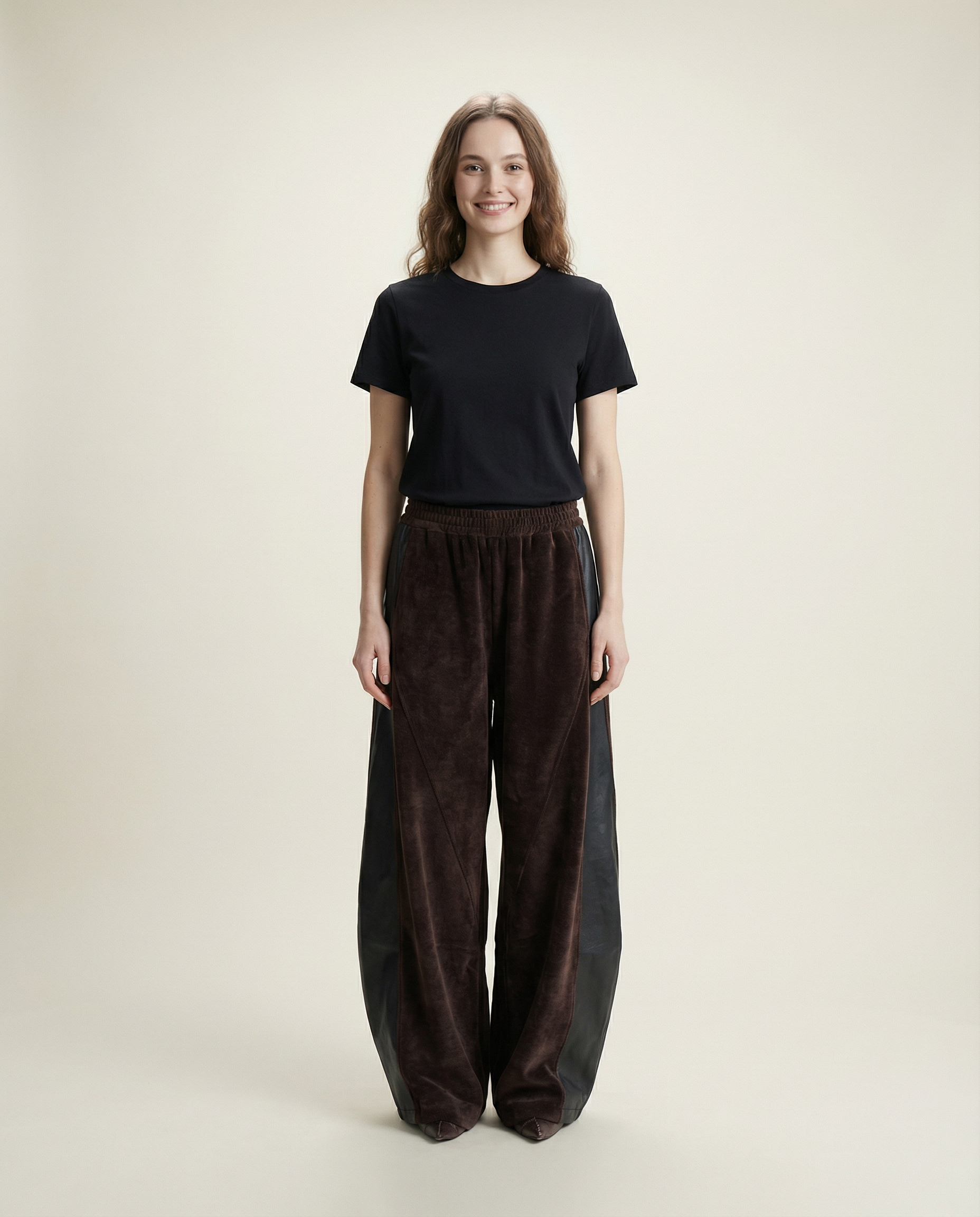 Vegan Leather Patchwork Relaxed Trousers - Coffee Brown & Black-SimpleModerne