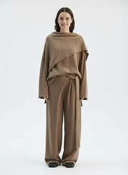 Khaki Bandage Drape Pullover – Asymmetric Layered Look-SimpleModerne