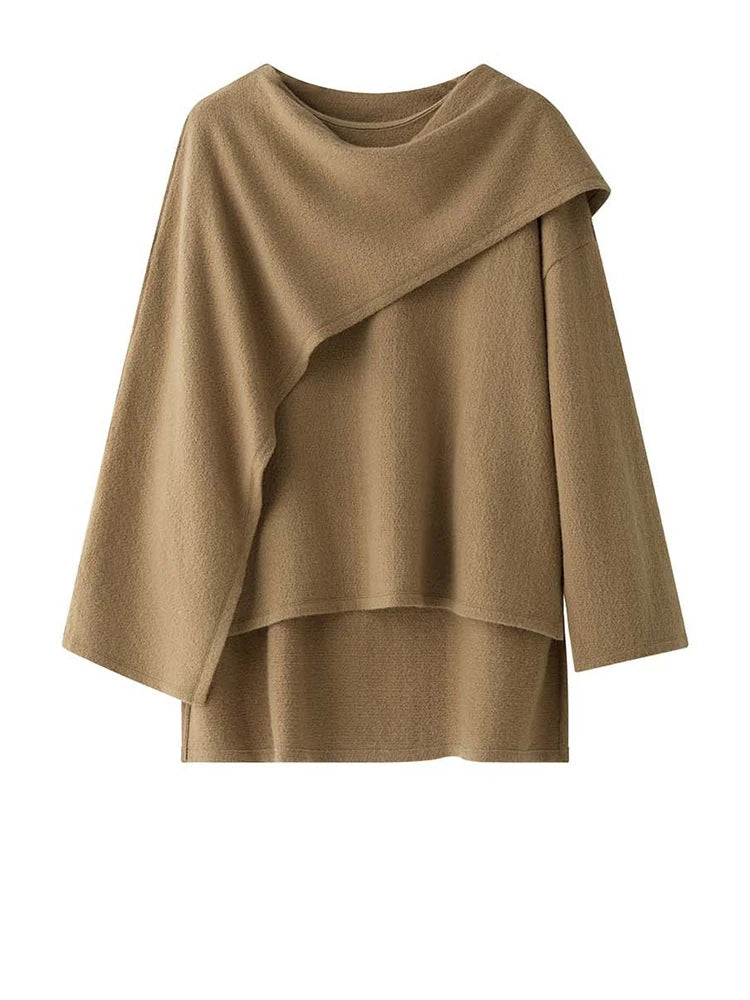 Khaki Bandage Drape Pullover – Asymmetric Layered Look-SimpleModerne
