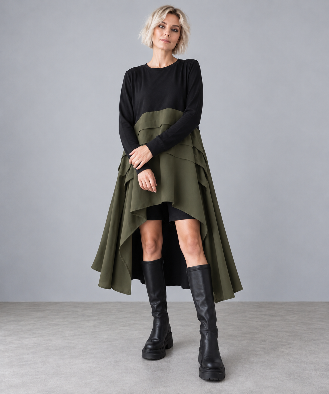 Khaki & Black Asymmetric Pleated Midi Dress-SimpleModerne