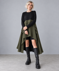 Khaki & Black Asymmetric Pleated Midi Dress-SimpleModerne
