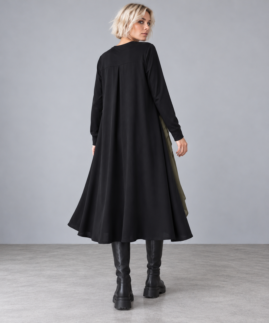Khaki & Black Asymmetric Pleated Midi Dress-SimpleModerne