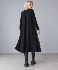 Khaki & Black Asymmetric Pleated Midi Dress-SimpleModerne
