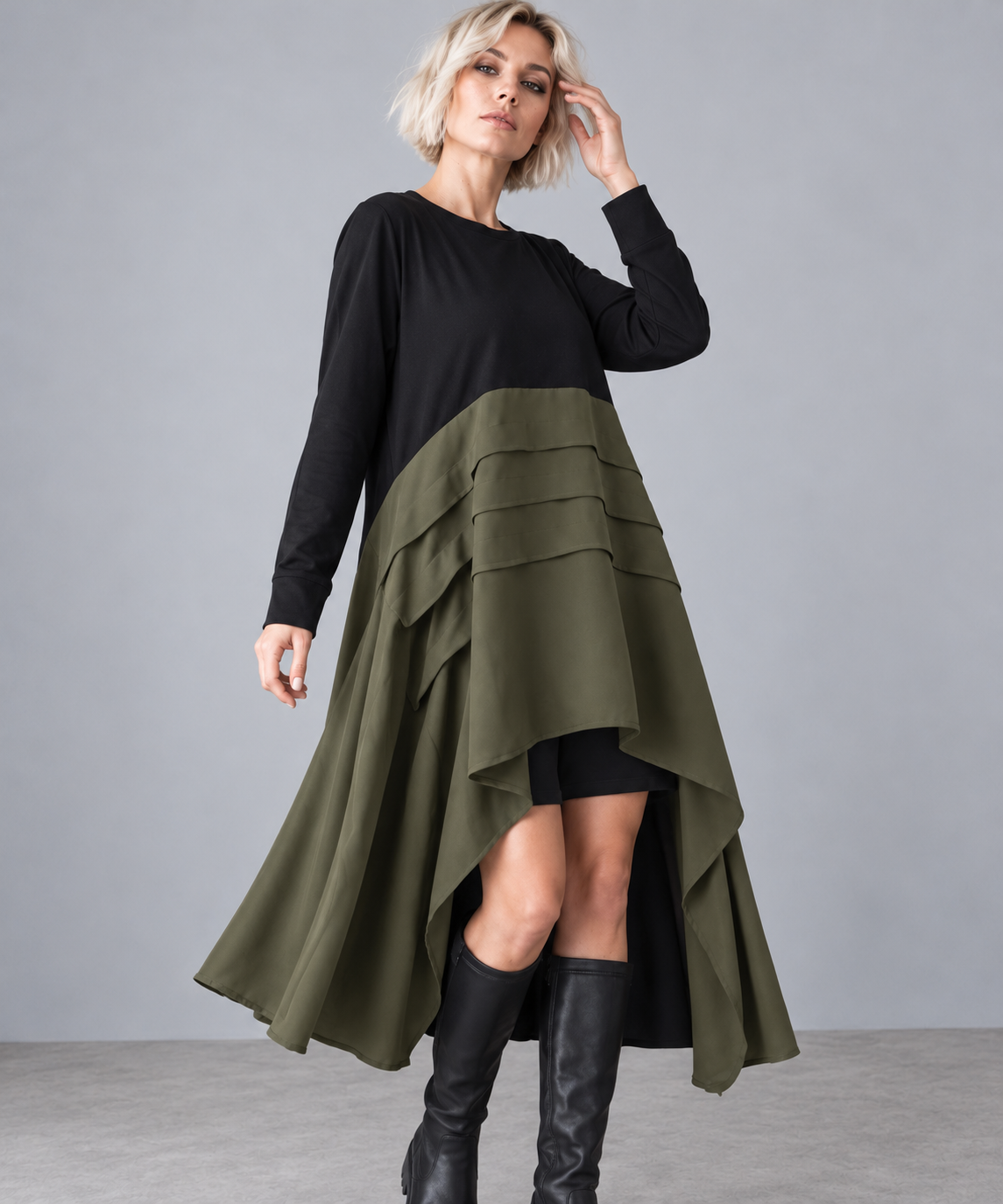 Khaki & Black Asymmetric Pleated Midi Dress-SimpleModerne