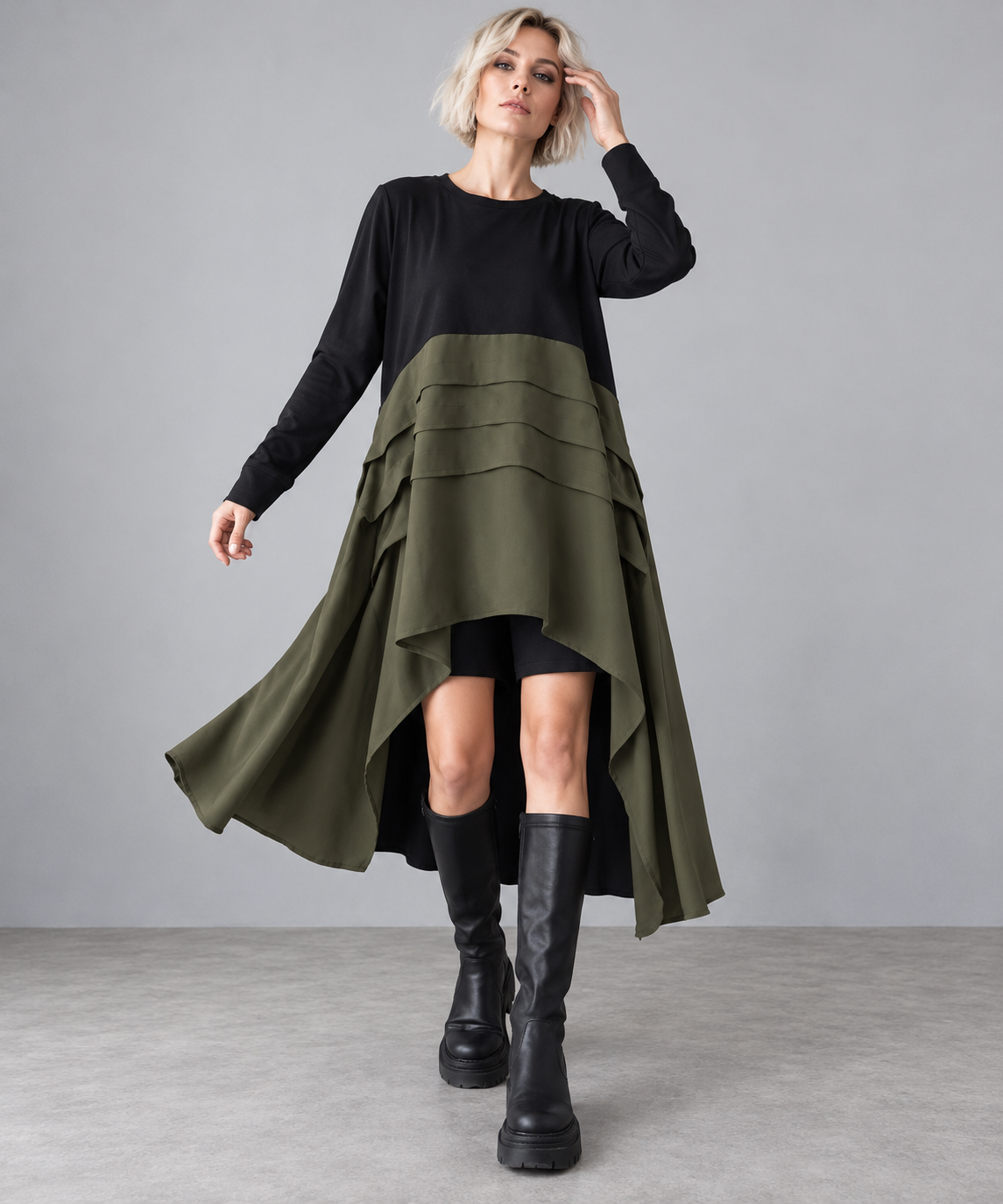 Khaki & Black Asymmetric Pleated Midi Dress-SimpleModerne