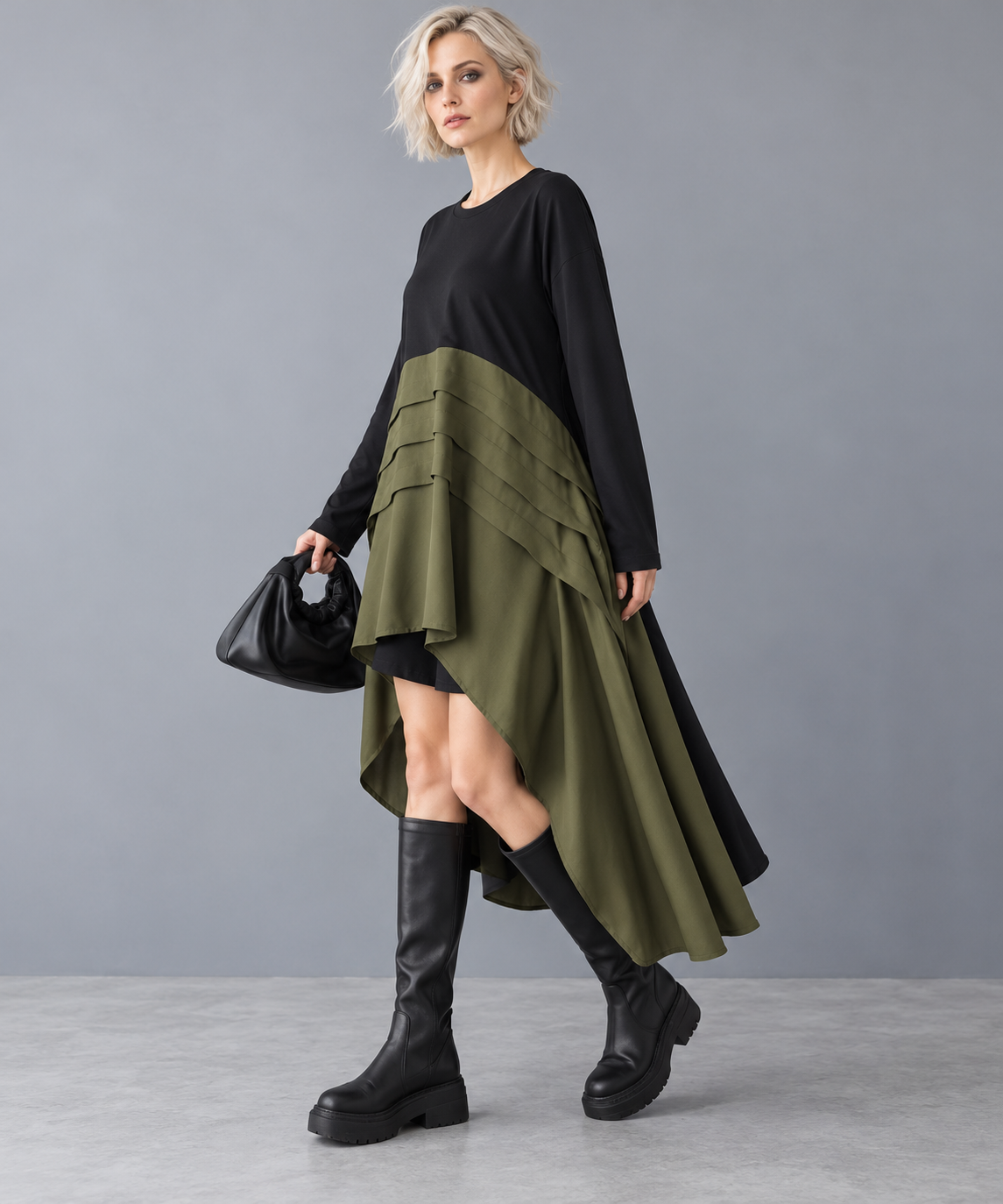 Khaki & Black Asymmetric Pleated Midi Dress-SimpleModerne