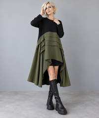 Khaki & Black Asymmetric Pleated Midi Dress-SimpleModerne