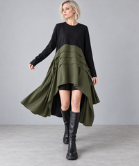 Khaki & Black Asymmetric Pleated Midi Dress-SimpleModerne