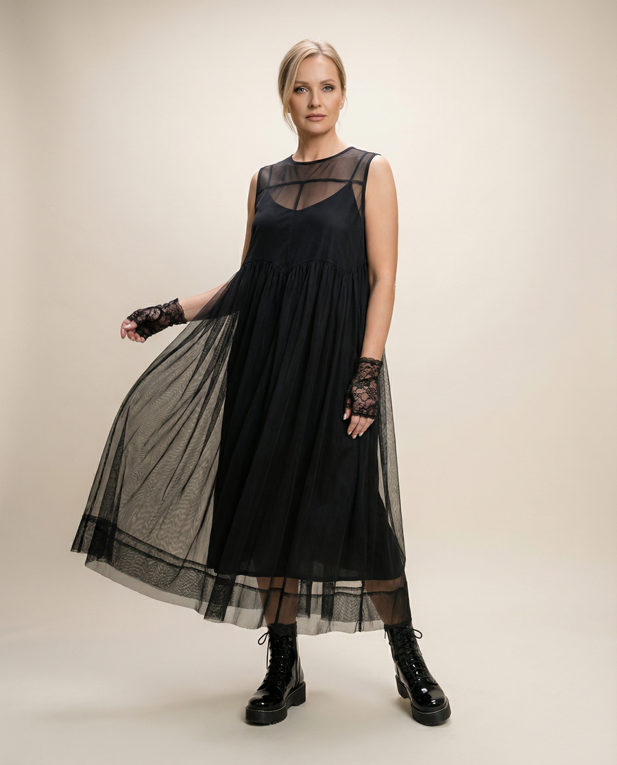 Layered Elegance: Sheer Black Gothic-Inspired Overlay Dress-SimpleModerne