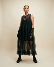 Layered Elegance: Sheer Black Gothic-Inspired Overlay Dress-SimpleModerne