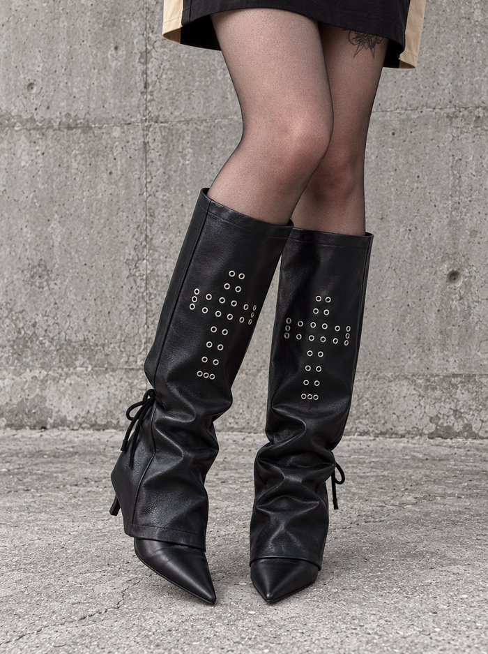 Black Cross-Strap Vegan Leather Leg Warmers-SimpleModerne