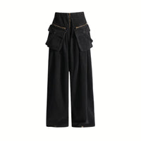 Maxi Pocket Dark Grey Wide-Leg Jeans with Vintage Zipper-SimpleModerne