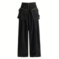 Maxi Pocket Dark Grey Wide-Leg Jeans with Vintage Zipper-SimpleModerne