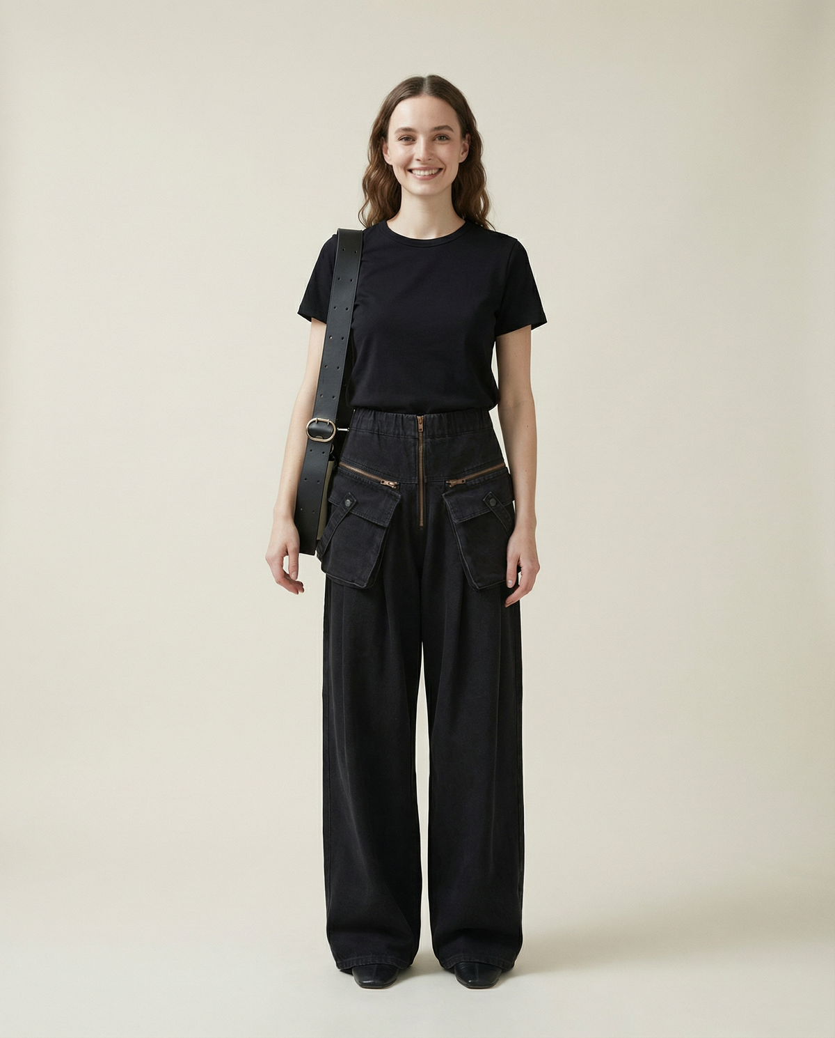 Maxi Pocket Dark Grey Wide-Leg Jeans with Vintage Zipper-SimpleModerne