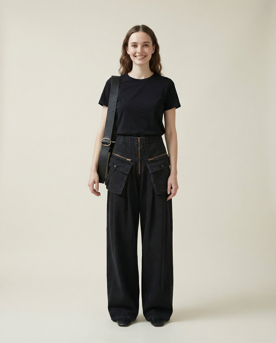 Maxi Pocket Dark Grey Wide-Leg Jeans with Vintage Zipper-SimpleModerne