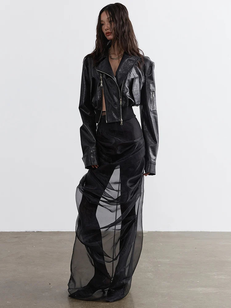 Minimalist Zipper-Slit Faux Leather Bomber Jacket – Casual Goth Street Style-SimpleModerne