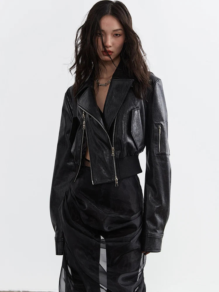 Minimalist Zipper-Slit Faux Leather Bomber Jacket – Casual Goth Street Style-SimpleModerne