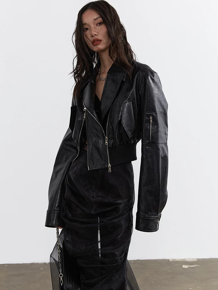 Minimalist Zipper-Slit Faux Leather Bomber Jacket – Casual Goth Street Style-SimpleModerne