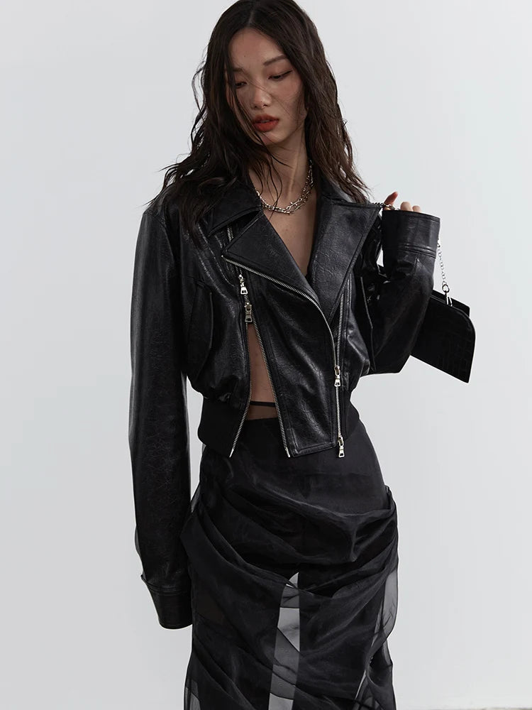 Minimalist Zipper-Slit Faux Leather Bomber Jacket – Casual Goth Street Style-SimpleModerne