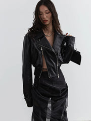 Minimalist Zipper-Slit Faux Leather Bomber Jacket – Casual Goth Street Style-SimpleModerne