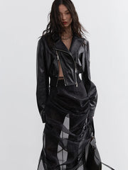 Minimalist Zipper-Slit Faux Leather Bomber Jacket – Casual Goth Street Style-SimpleModerne