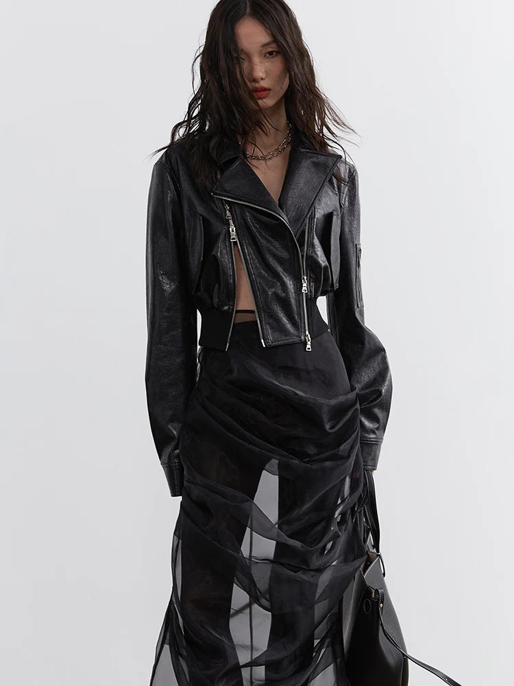 Minimalist Zipper-Slit Faux Leather Bomber Jacket – Casual Goth Street Style-SimpleModerne