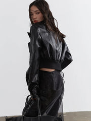 Minimalist Zipper-Slit Faux Leather Bomber Jacket – Casual Goth Street Style-SimpleModerne