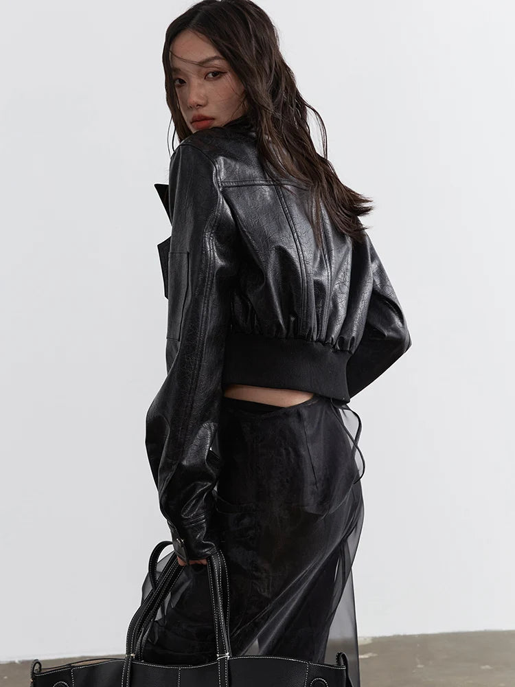 Minimalist Zipper-Slit Faux Leather Bomber Jacket – Casual Goth Street Style-SimpleModerne