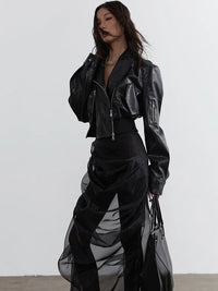 Minimalist Zipper-Slit Faux Leather Bomber Jacket – Casual Goth Street Style-SimpleModerne