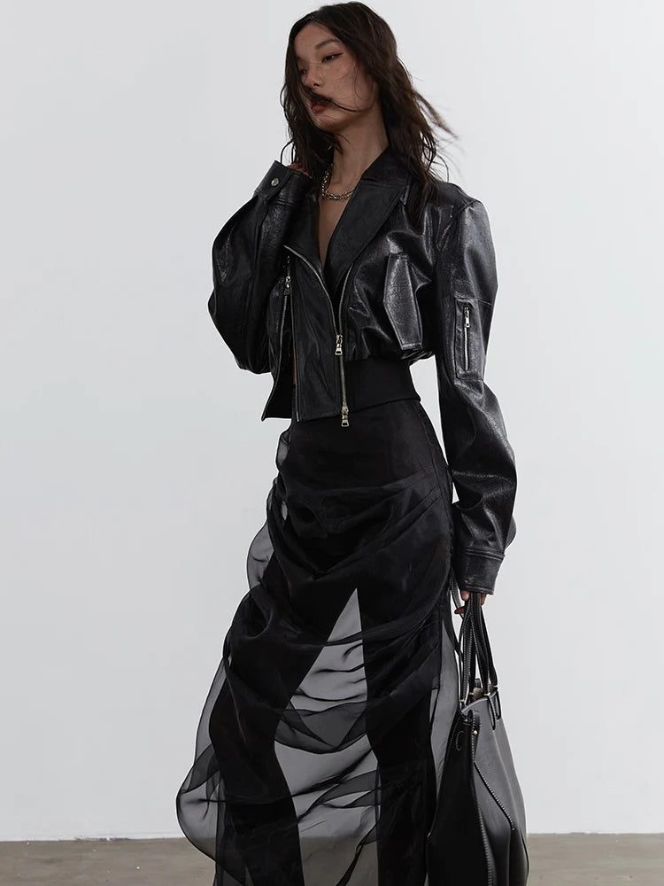 Minimalist Zipper-Slit Faux Leather Bomber Jacket – Casual Goth Street Style-SimpleModerne