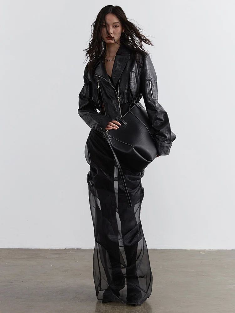 Minimalist Zipper-Slit Faux Leather Bomber Jacket – Casual Goth Street Style-SimpleModerne