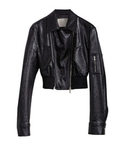 Minimalist Zipper-Slit Faux Leather Bomber Jacket – Casual Goth Street Style-SimpleModerne