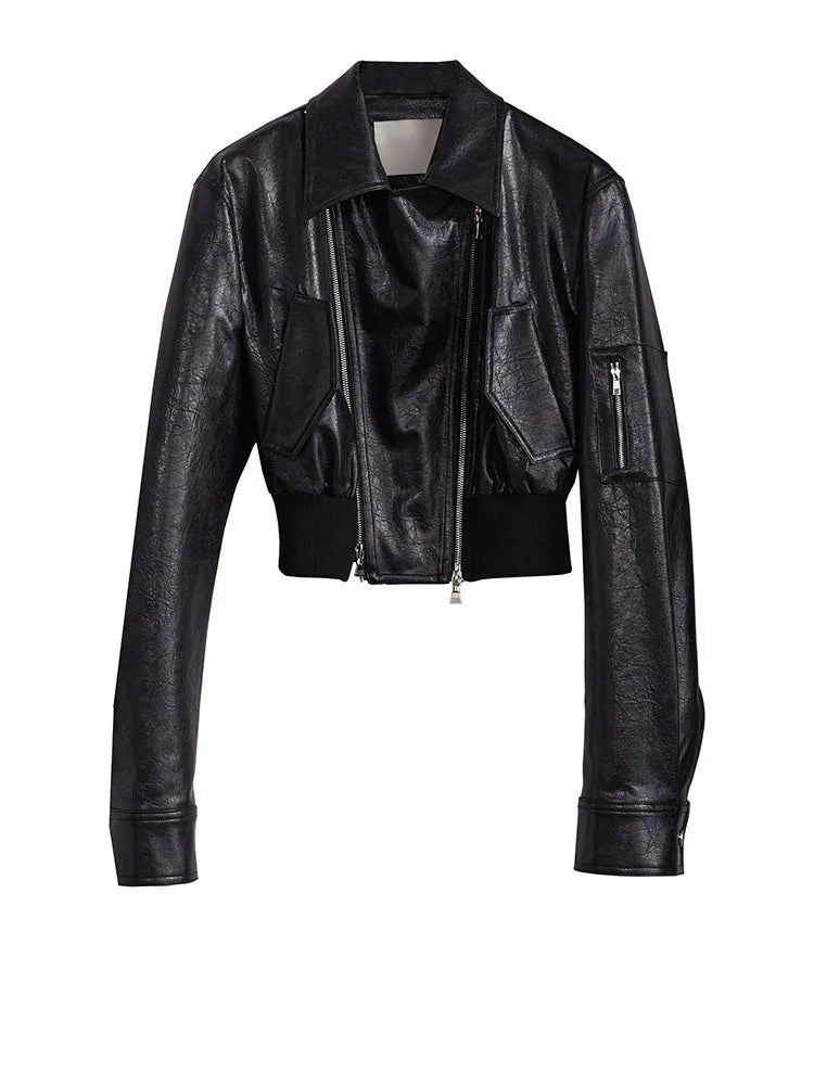 Minimalist Zipper-Slit Faux Leather Bomber Jacket – Casual Goth Street Style-SimpleModerne