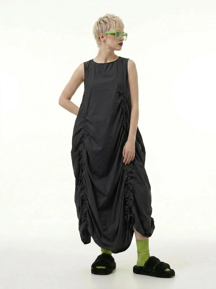 Minimalist Avant-Garde Draped Dress – Oversized Ruched Midi in Black-SimpleModerne