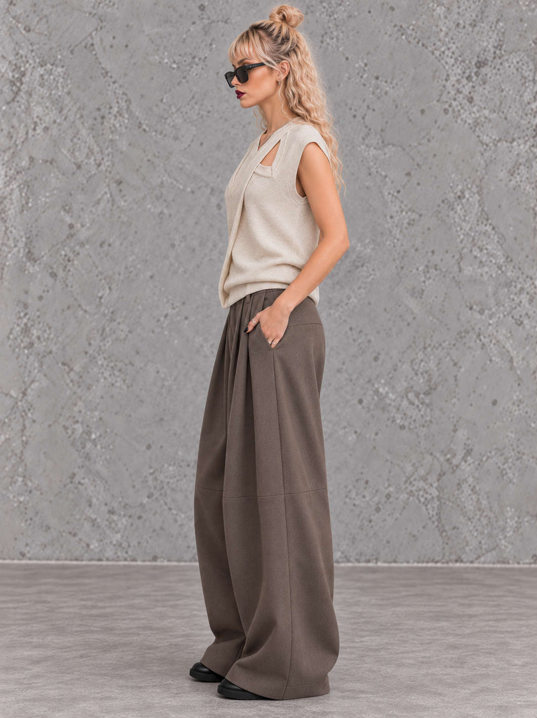Mocha Structured Extra Wide-Leg Trousers