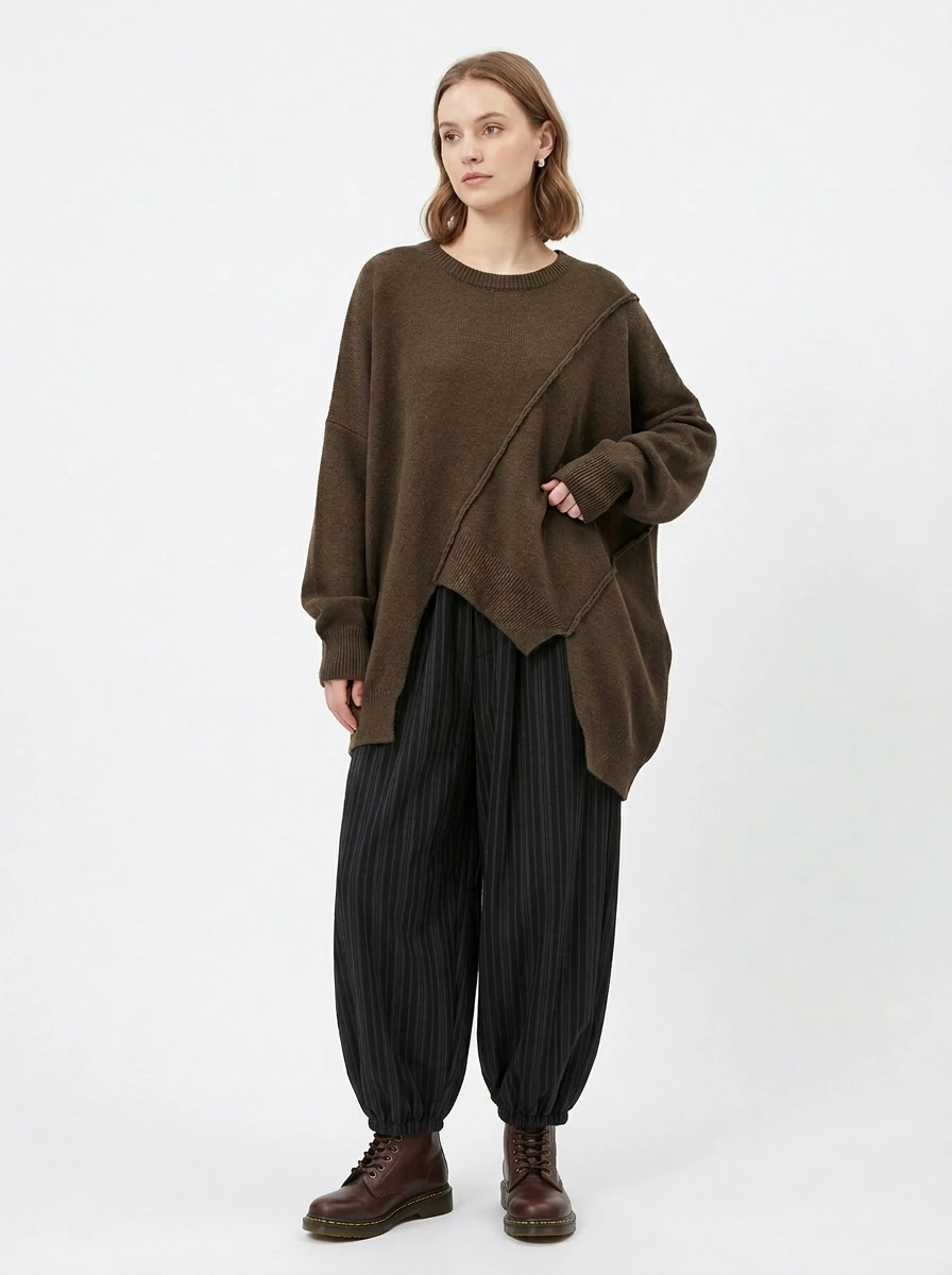 Mocha Brown Asymmetrical Oversized Sweater-SimpleModerne